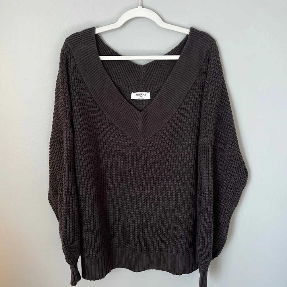Zenana V-Neck Oversized Sweater / Size 1X - Picture 1 of 5
